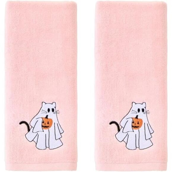 Cotton hand towel set 2 piece Halloween ghost cat decorative kitchen bath gift p - Picture 7 of 7